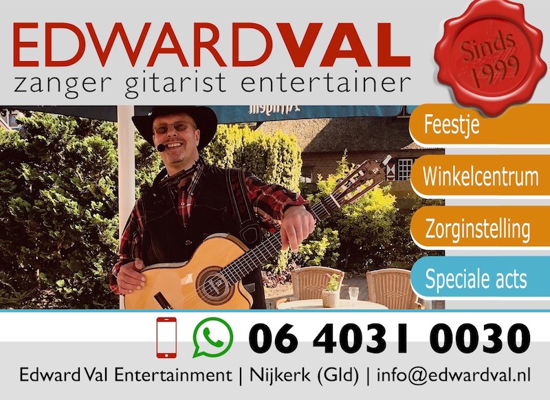 Troubadour Edward Val zanger gitarist mobiele live muziek feestje zorgsector winkelcentrum diner Nijkerk Gelderland